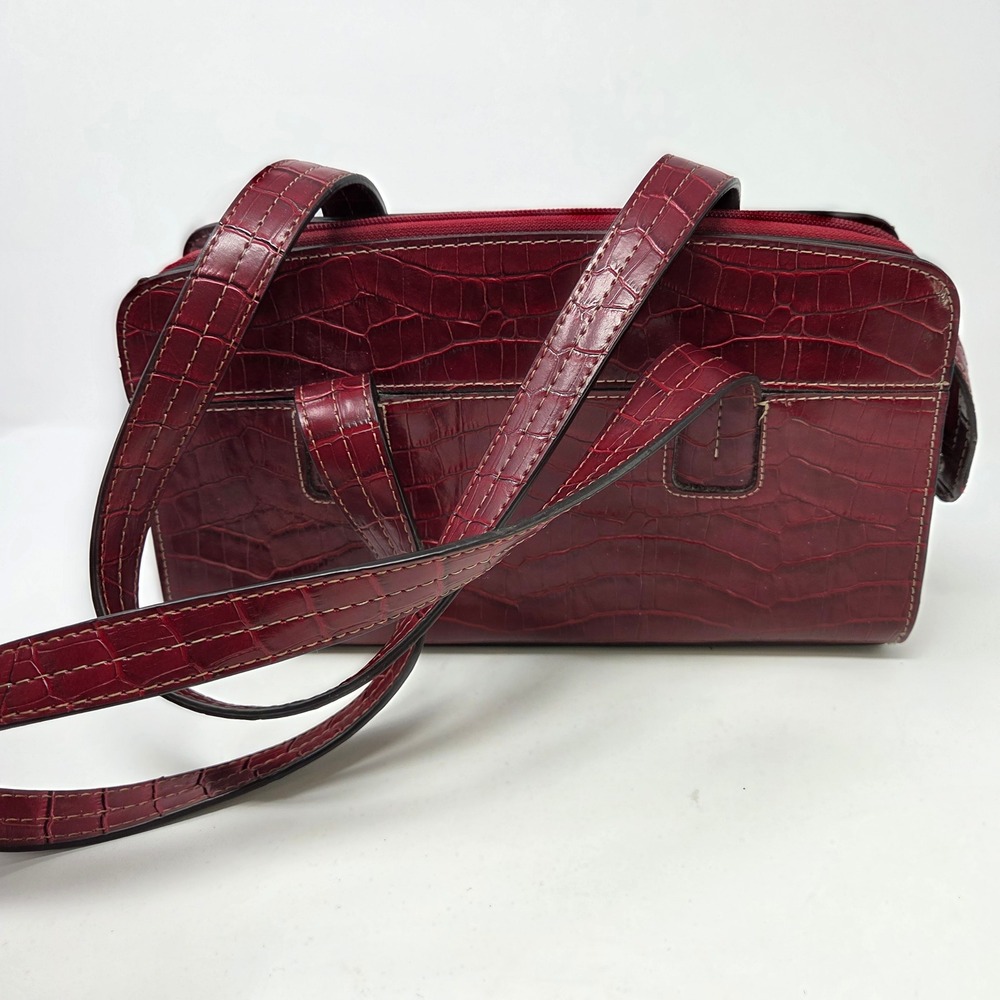 Crazy Horse Liz Claiborne Burgundy Croc Embossed Triple Compartment Shoulder Bag